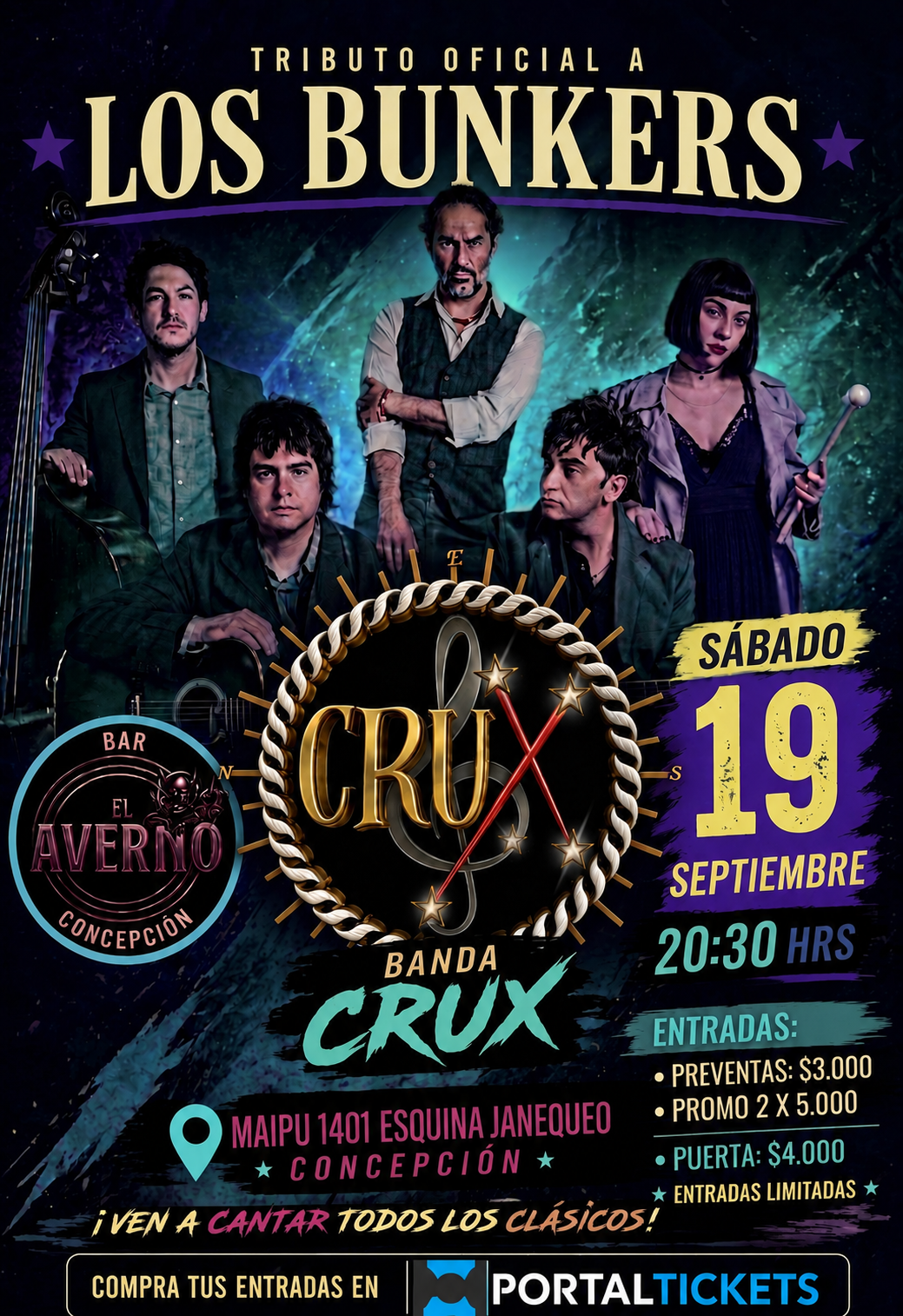 Tributo a Los Bunkers por Crux en El Averno, Concepción