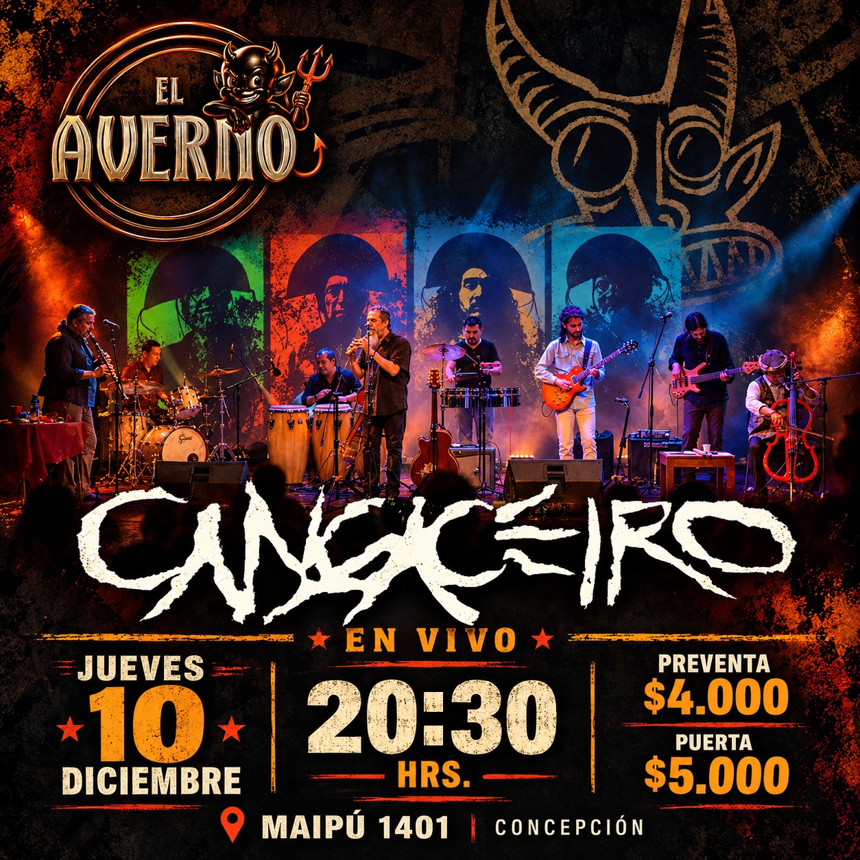 Cangaceiro en vivo con su propuesta de fusión afro latina americana en El Averno, Concepción